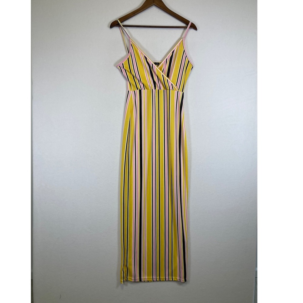 Boohoo Wrap Front Maxi Dress Women US 4 Mustard Yellow Pink Striped NWT